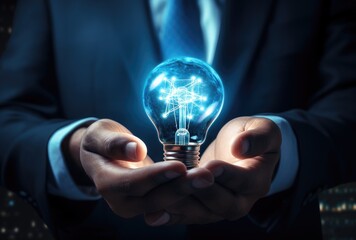 A businessman holds a radiant light bulb, embodying innovation and inspiration.