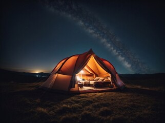 tent with a lantern under the night starry sky
