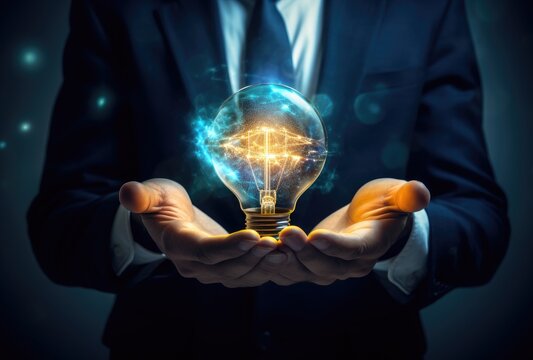 A businessman holds a radiant light bulb, embodying innovation and inspiration.