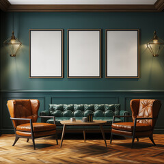 Three empty wall fram hang on green color wall with two brown chairs, modern furniture, dark room, two lamps and wooden floor