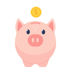 Pink piggy bank with coin on white background. Money box.