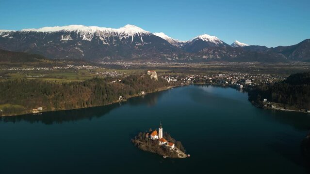 High Aerial View Above Lake Bled, Slovenia. Forward Drone Shot