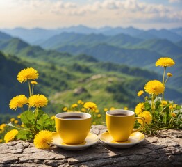 Cup of tea and dandelions in the background of the mountains