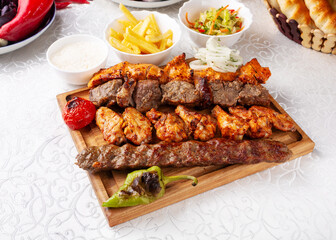 Assorted kebabs, chicken and beef kebabs, lula kebab. Eastern cuisine. Uzbek cuisine.