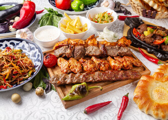 Assorted kebabs, chicken and beef kebabs, lula kebab. Eastern cuisine. Uzbek cuisine.