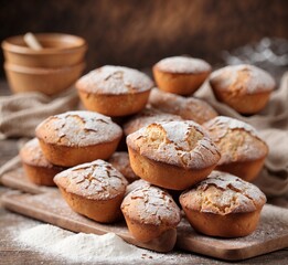 Muffins with powdered sugar on a wooden background. Selective focus.