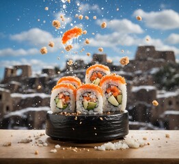 Sushi roll with salmon, avocado, cucumber, and cream cheese flying in the air over the old city
