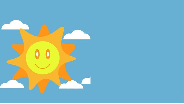 Animated sun in the blue sky with clouds, editable animation footage, presentation. Summer vibe, holiday season,