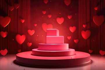 3D Valentine's day abstract background with red hearts and podium showcase for product presentation. Geometric shape for product display presentation, promotion display.