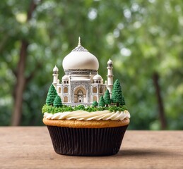 Miniature of Taj Mahal with tree and cupcake on wooden table