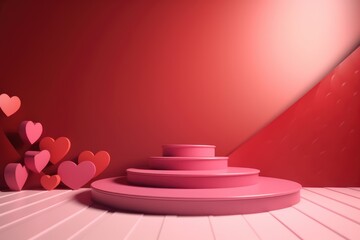 Obraz premium 3D Valentine's day abstract background with red hearts and podium showcase for product presentation. Geometric shape for product display presentation, promotion display.