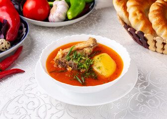 Beef and potato soup. Eastern cuisine. Uzbek cuisine.