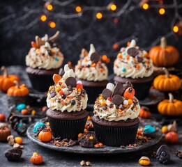 Halloween cupcakes with chocolate, candy, and pumpkins on a dark background