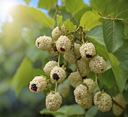 Branch of white mulberry with ripe berries on blurred background.