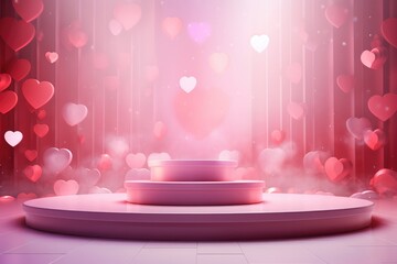3D Valentine's day abstract background with red hearts and podium showcase for product presentation. Geometric shape for product display presentation, promotion display.
