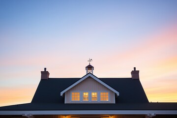 gambrel roof silhouette at sunset with warm sky