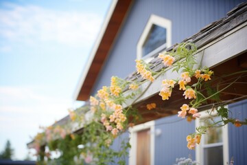 flowering vines climbing on a gambrel roofs side wall
