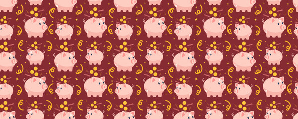 red piggy bank seamless pattern. cute pig with coins ornament