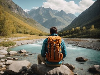 A man with a tourist backpack sitting on a stone against a river in the mountains - obrazy, fototapety, plakaty