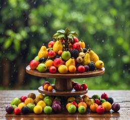 Mix of fresh fruits on a wooden table with raindrops and a green background