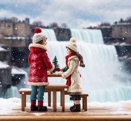 Two cute little girls sitting on a bench in front of a frozen waterfall. Christmas and New Year concept.