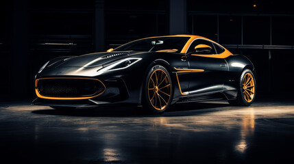 Fototapeta na wymiar Luxury expensive car parked on dark background, product photography, copy space, 16:9