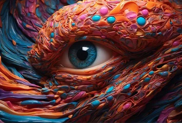Fotobehang In the midst of a kaleidoscopic swirl of vibrant colors, a surreal alien artifact emerges. This psychedelic creation defies any conventional understanding, with its intricate patterns and otherworldly © DynaVerse3D