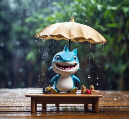 It funny toy crocodile with an umbrella on a wooden table in the rain.