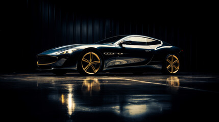 Fototapeta na wymiar Luxury expensive car parked on dark background, product photography, copy space, 16:9