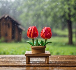 Red tulips in a vase on a wooden table in the garden with rain