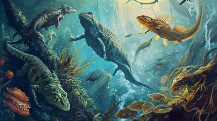 Parallel Evolution: Diverse Species Adaptations in a Mystical Aquatic Ecosystem - obrazy, fototapety, plakaty