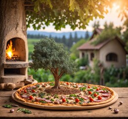 Pizza with salami, ham, and cheese on a wooden table in the garden