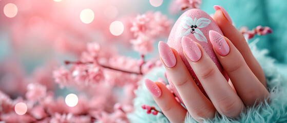 Woman's nails with beautiful manicure in Easter style with flowers and decorated egg. AI generated - obrazy, fototapety, plakaty