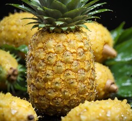 Pineapple with water drops on a black background. Close up.