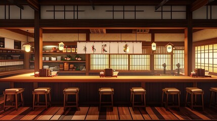 Experience the authentic ambiance of a small traditional Japanese restaurant through its wide-format counter section, Ai Generated.