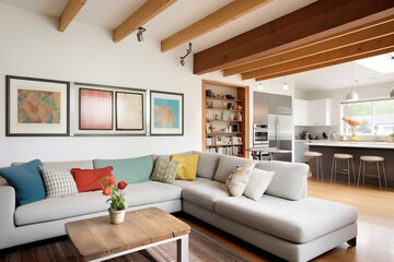 living space, exposed beams, sectional
