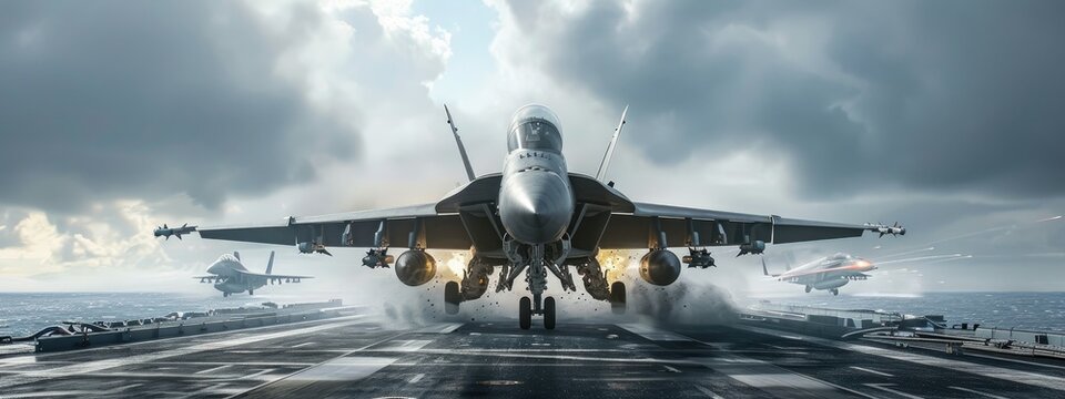 The powerful image of a fighter jet catapulting off an aircraft carrier's deck, symbolizing naval air operations.