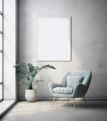 Empty white canvas on the gray wall, living room with blue chair and plant