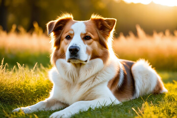Beautiful dog resting in the grass, gloden backlight