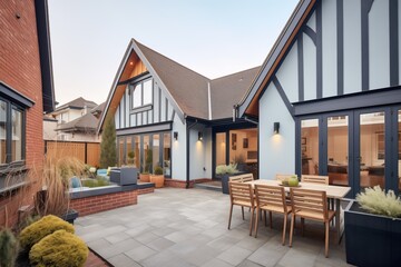 rear angle showing a tudor houses modern annex with patio - obrazy, fototapety, plakaty