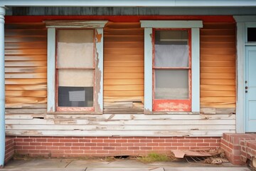 weathered wood and red brick farmhouse facade