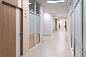 Empty modern office bright corridor with glass wall. Long white modern office hallway. No businesspeople. Many glass wall and doors. White bright empty workplace corridor background. Ornamented.