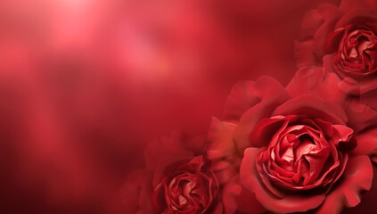Horizontal banner with rose of red color on blurred background. Copy space for text. Mock up...