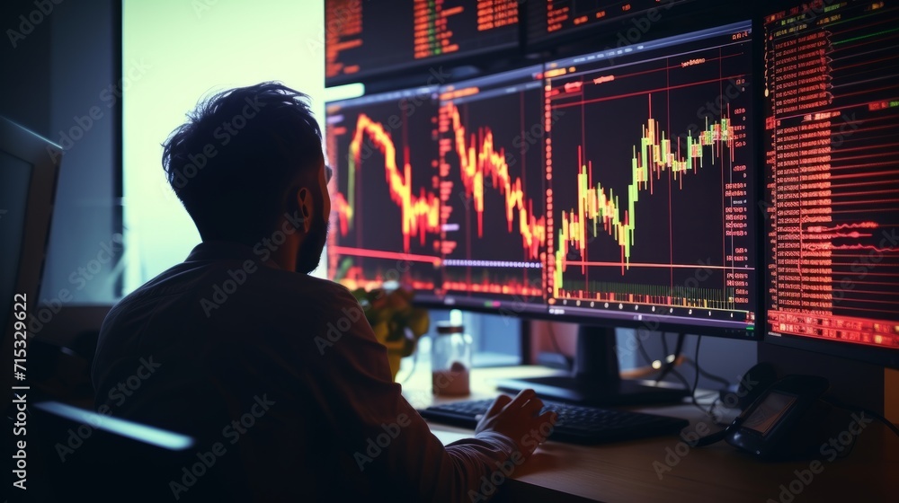 Poster financial analysts reviewing stock market data on multiple monitors in a monitoring room with charts