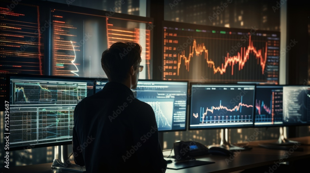 Poster financial analysts reviewing stock market data on multiple monitors in a monitoring room with charts