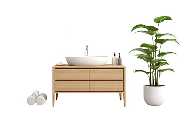 Calm Ambiance with a Bathroom Vanity, Potted Plant, and Hand Washing Station on a White or Clear Surface PNG Transparent Background.