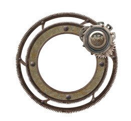 Metallic round frame with vintage metal details, gear and retro rivets. Isolated on white...