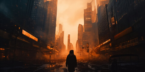 a lonely man looks at a dystopian futuristic city - obrazy, fototapety, plakaty