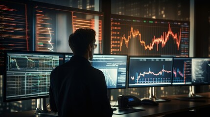 Financial analysts reviewing stock market data on multiple monitors in a monitoring room with charts and graphs - obrazy, fototapety, plakaty