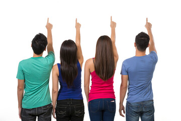 Group of happy Chinese friends pointing upwards.